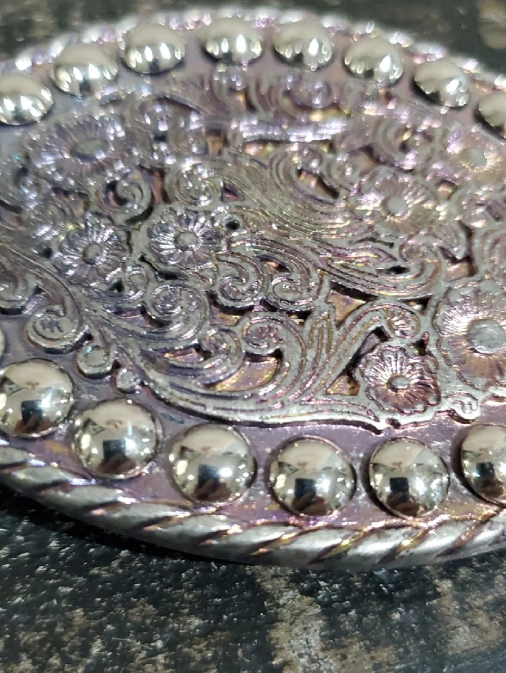 Vintage Silver Floral Oval Belt Buckle Pink And Purple Shimmer W Studs Cowgirl